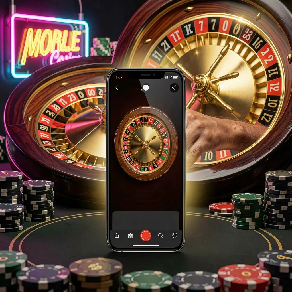 Mobile casino application scene featuring a phone in the center with a roulette wheel and poker chips in the background, illuminated by glowing neon lights in a premium black and gold style, showcasing GL 999 brand experience