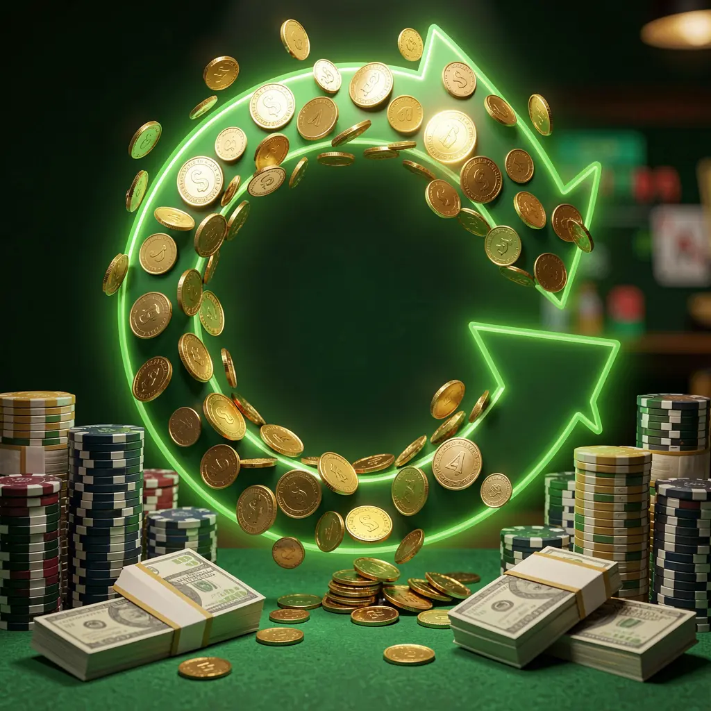 Realistic 3D render of a cashback casino bonus scene featuring coins moving in a circular arrow, stacks of chips, and cash bundles with green and gold glow, showcasing GL 999 brand