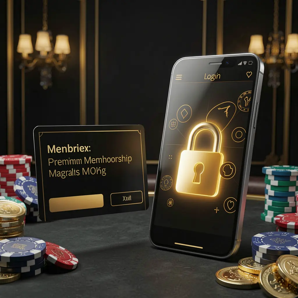 GL 999 casino member login concept showing a premium membership card beside a smartphone with a glowing lock symbol, poker chips and coins on a black and gold luxury background in a realistic 3D illustration