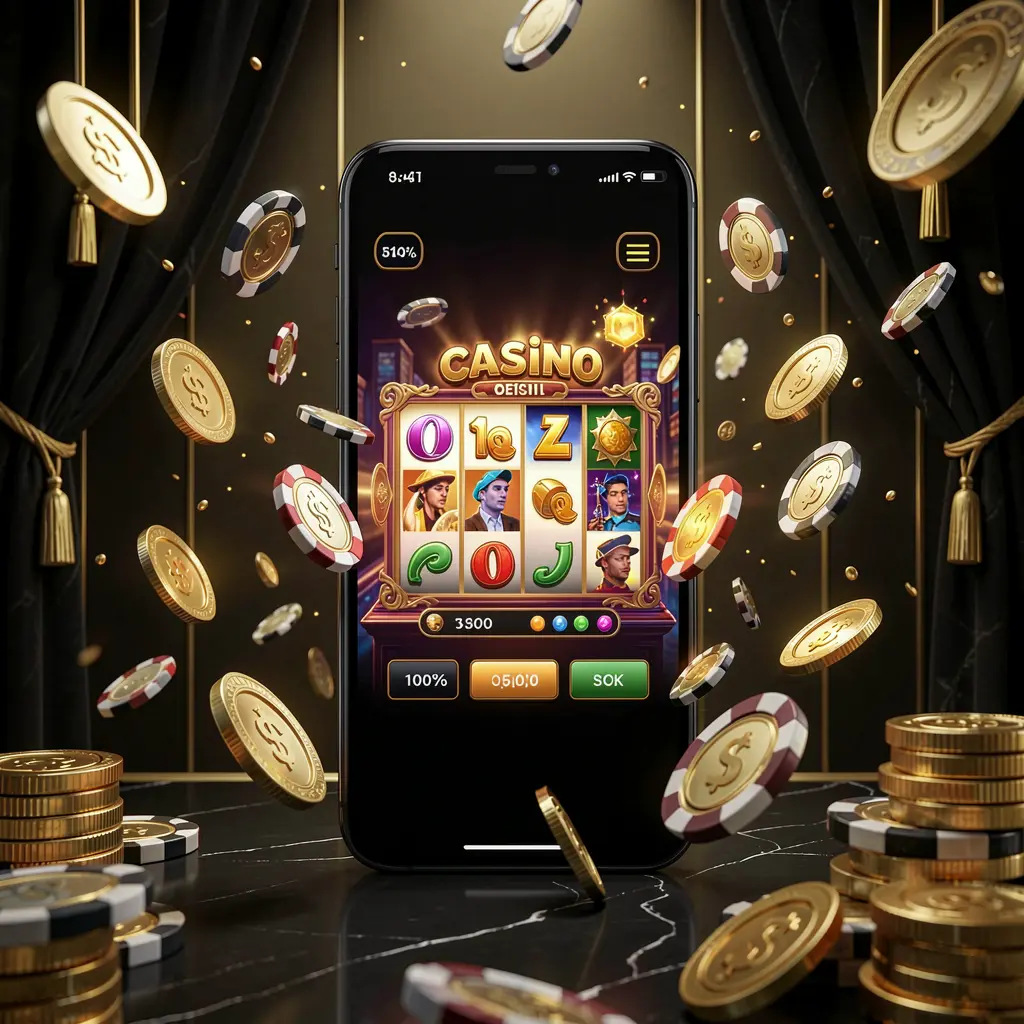 GL 999 modern online casino main page visual featuring a smartphone with a glowing gaming interface, surrounded by flying coins and chips in a black and gold luxury atmosphere